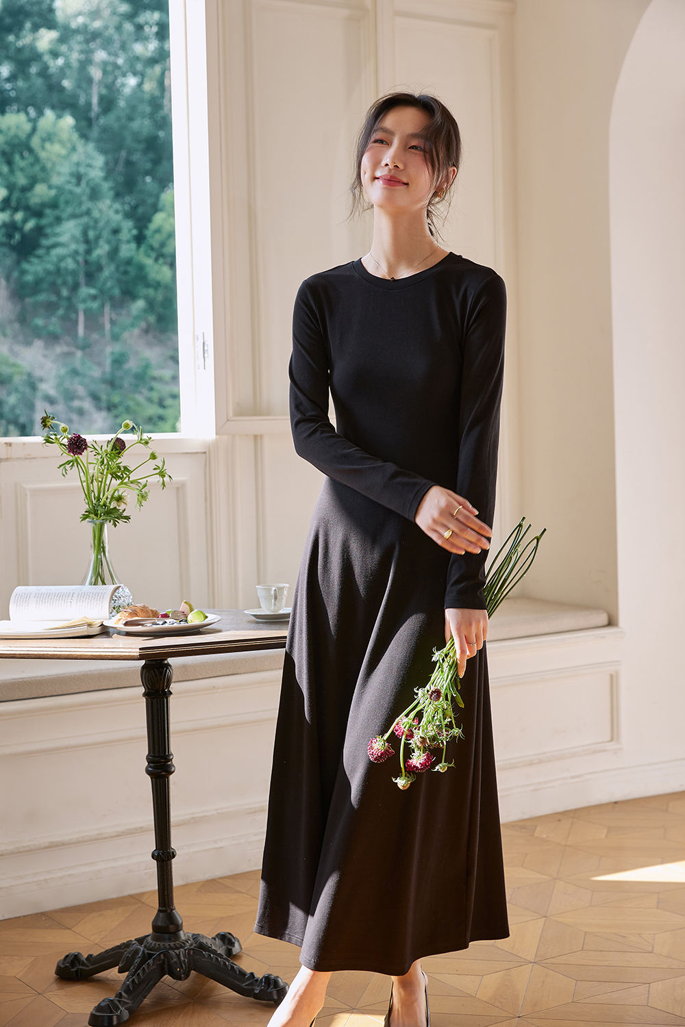 Round neck pullover Commuter Waist Slim dress-VIMLYSTORE