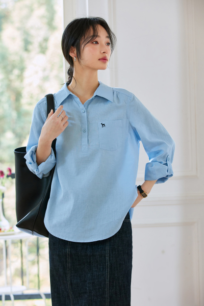 Deer-Embroidered Oversized Shirt for Stylish Commuting-VIMLYSTORE
