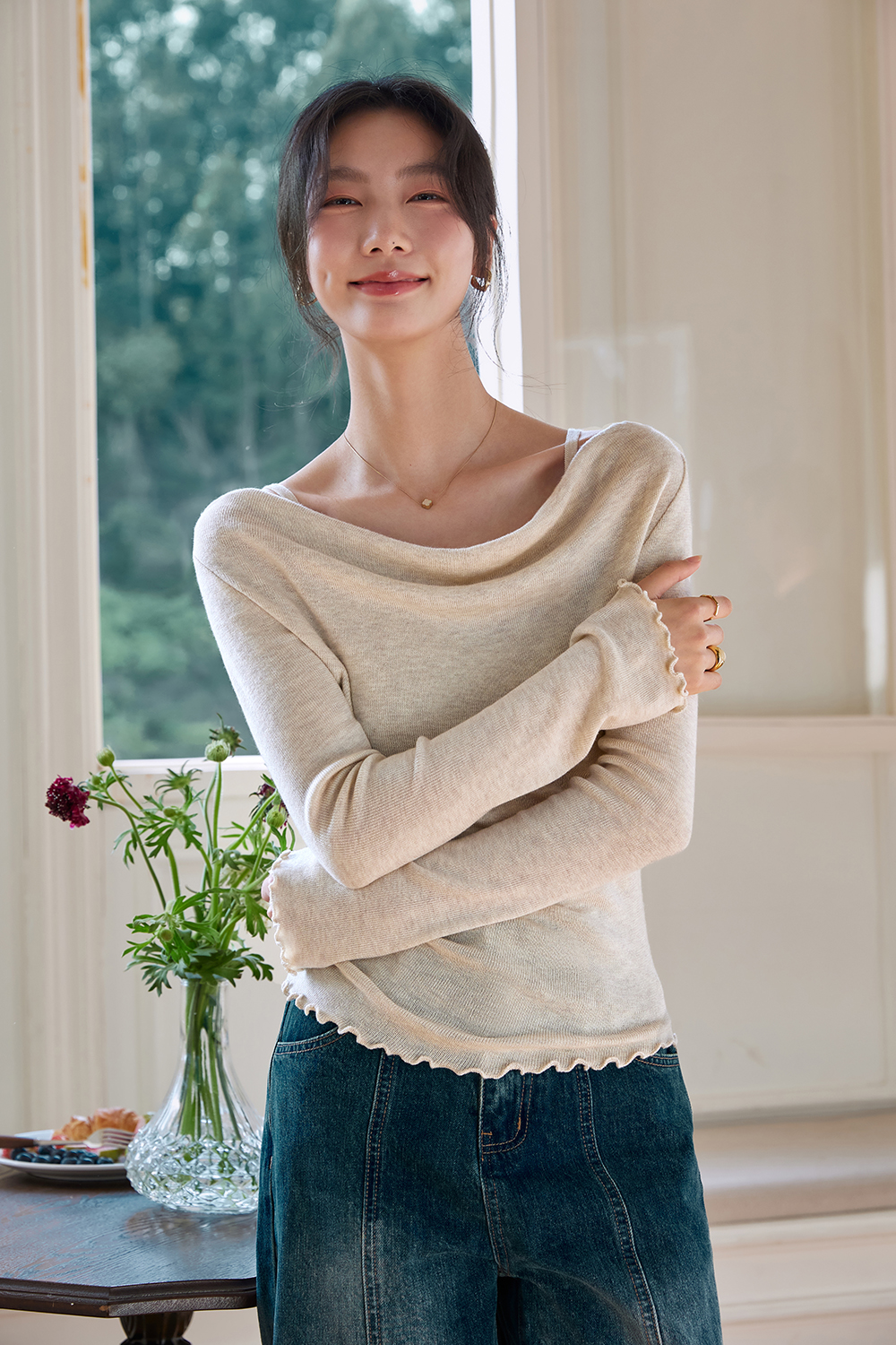 Boat-Neck Wool Knit Sweater with Statement Sleeves-VIMLYSTORE