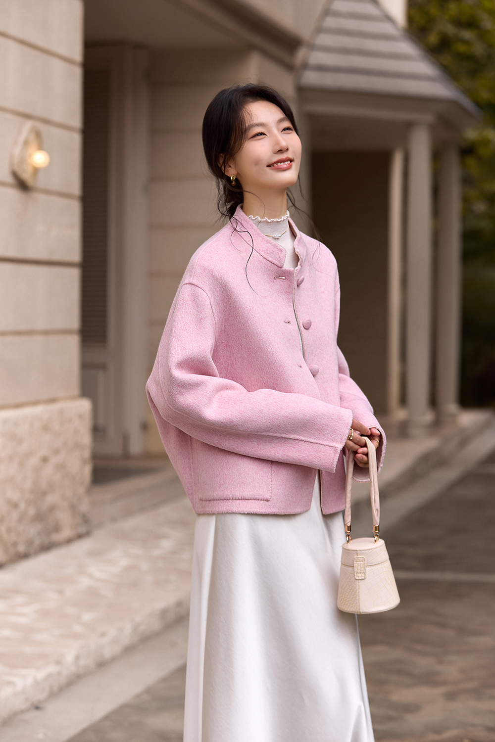 Pink Modern Chinese Style Woolen Coat