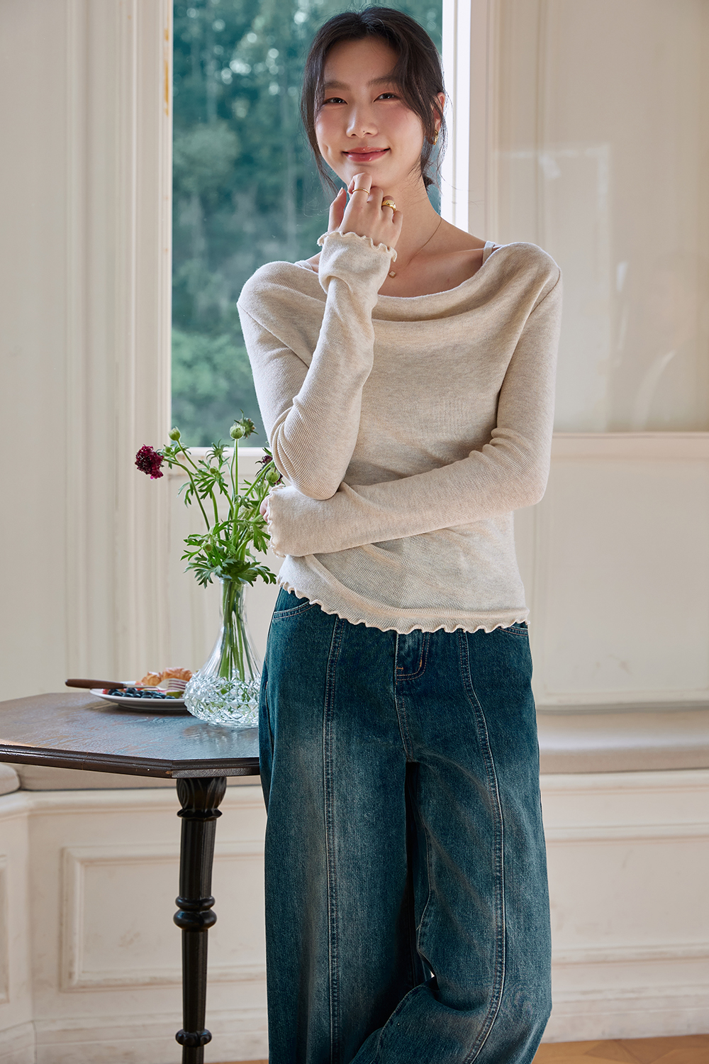 Boat-Neck Wool Knit Sweater with Statement Sleeves-VIMLYSTORE