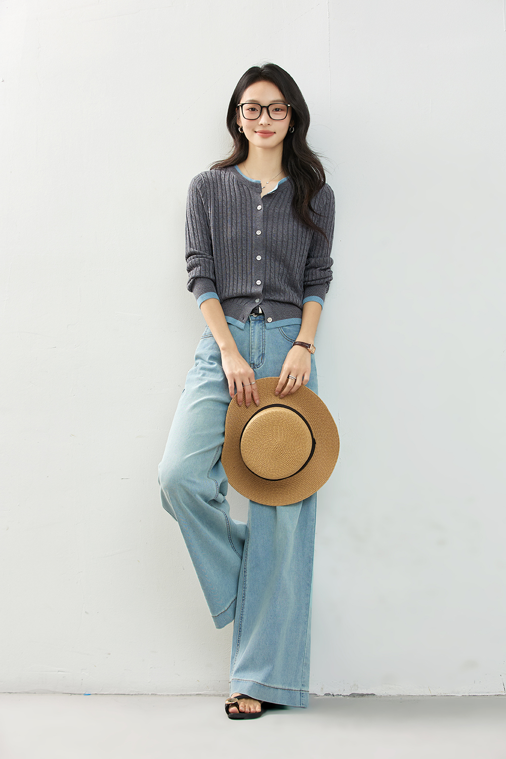 Color-Block Ribbed Knit Cardigan with Faux Underlayer-VIMLYSTORE