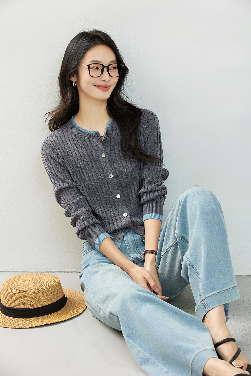 Color-Block Ribbed Knit Cardigan with Faux Underlayer-VIMLYSTORE