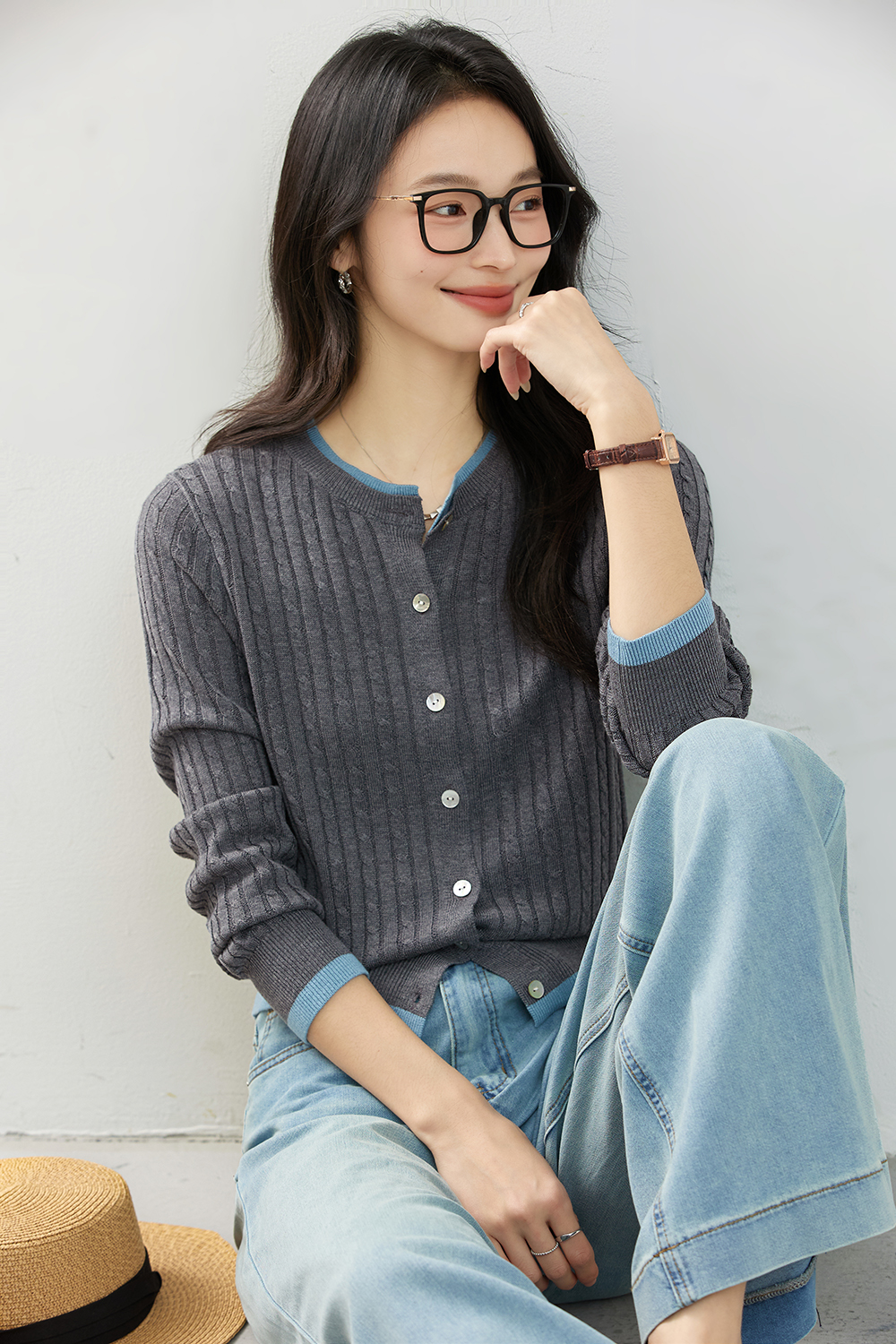 Color-Block Ribbed Knit Cardigan with Faux Underlayer-VIMLYSTORE