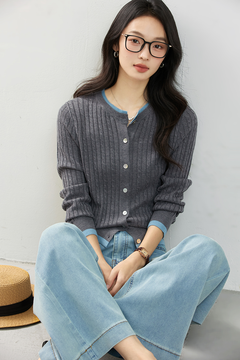 Color-Block Ribbed Knit Cardigan with Faux Underlayer-VIMLYSTORE