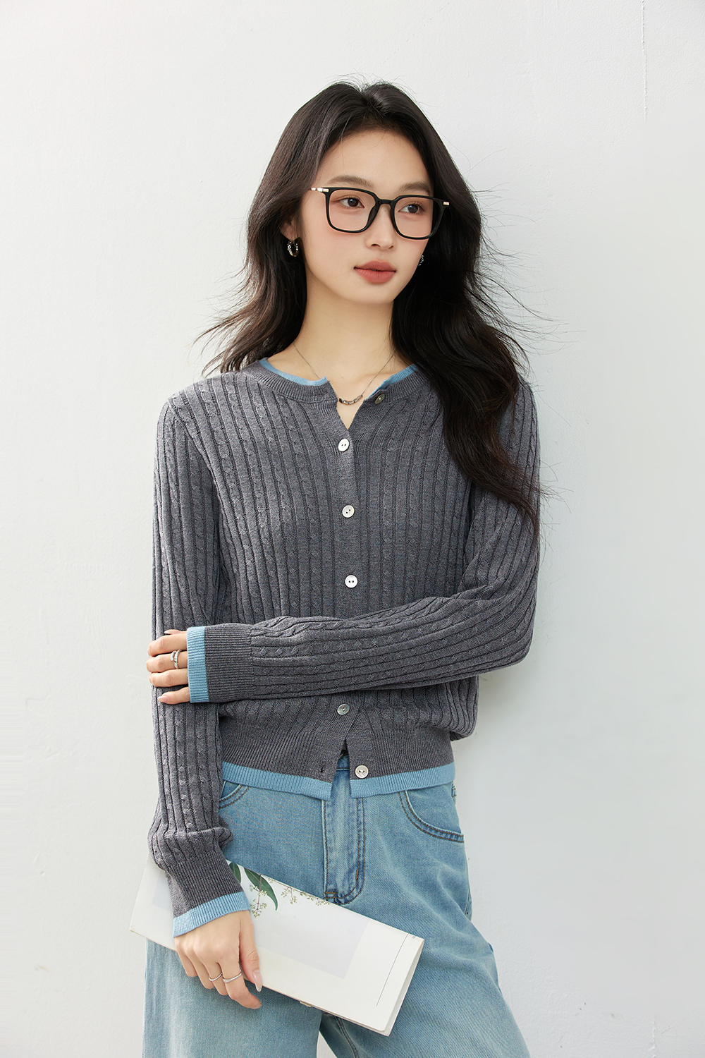 Color-Block Ribbed Knit Cardigan with Faux Underlayer-VIMLYSTORE