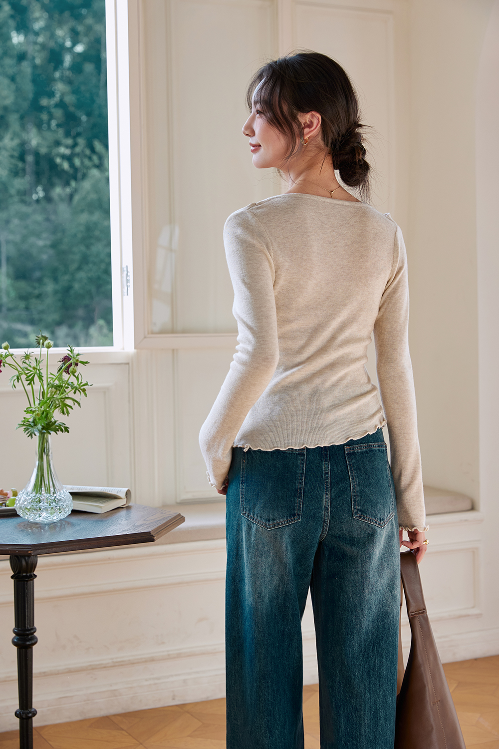 Boat-Neck Wool Knit Sweater with Statement Sleeves-VIMLYSTORE