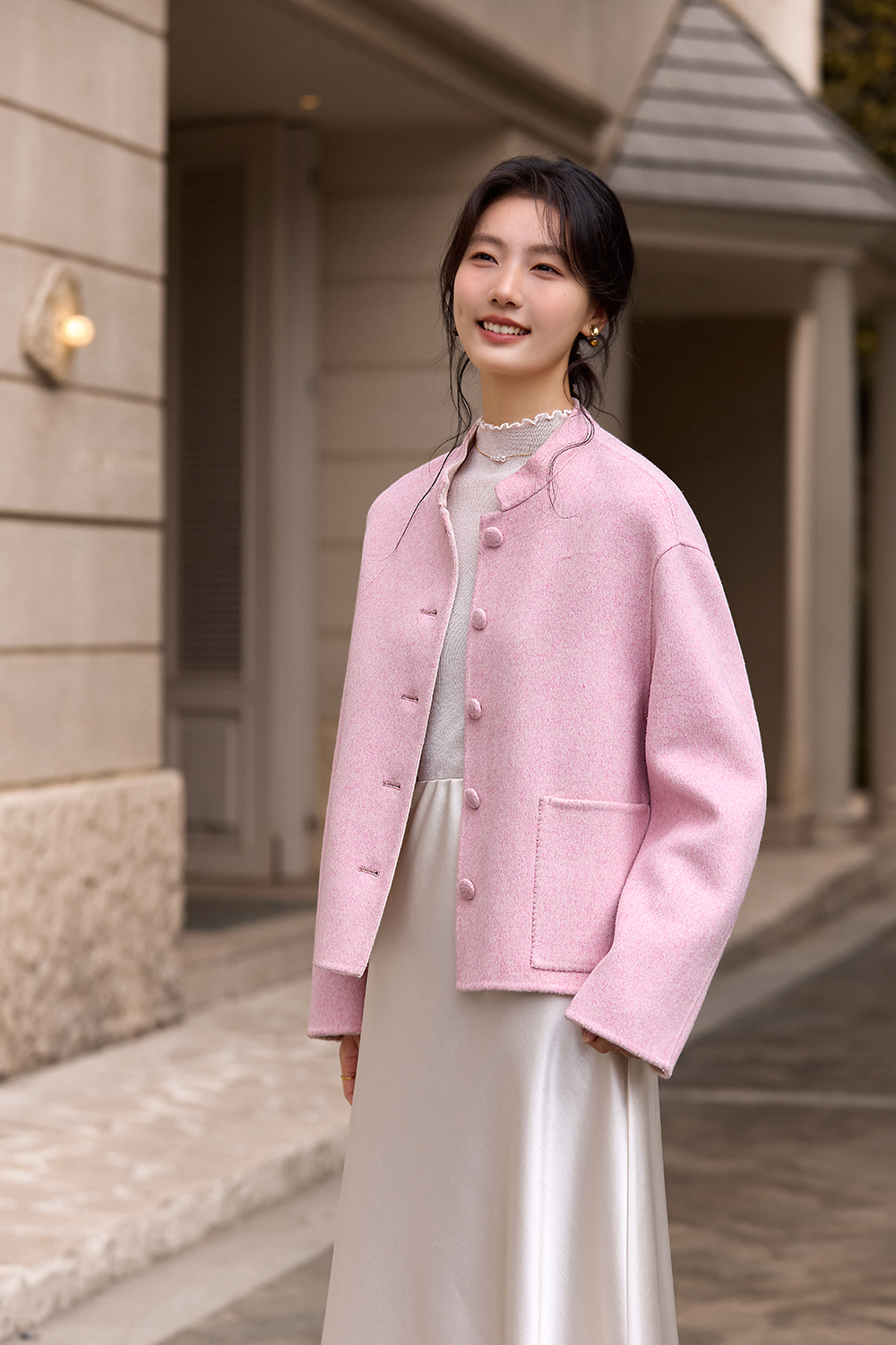 Pink Modern Chinese Style Woolen Coat