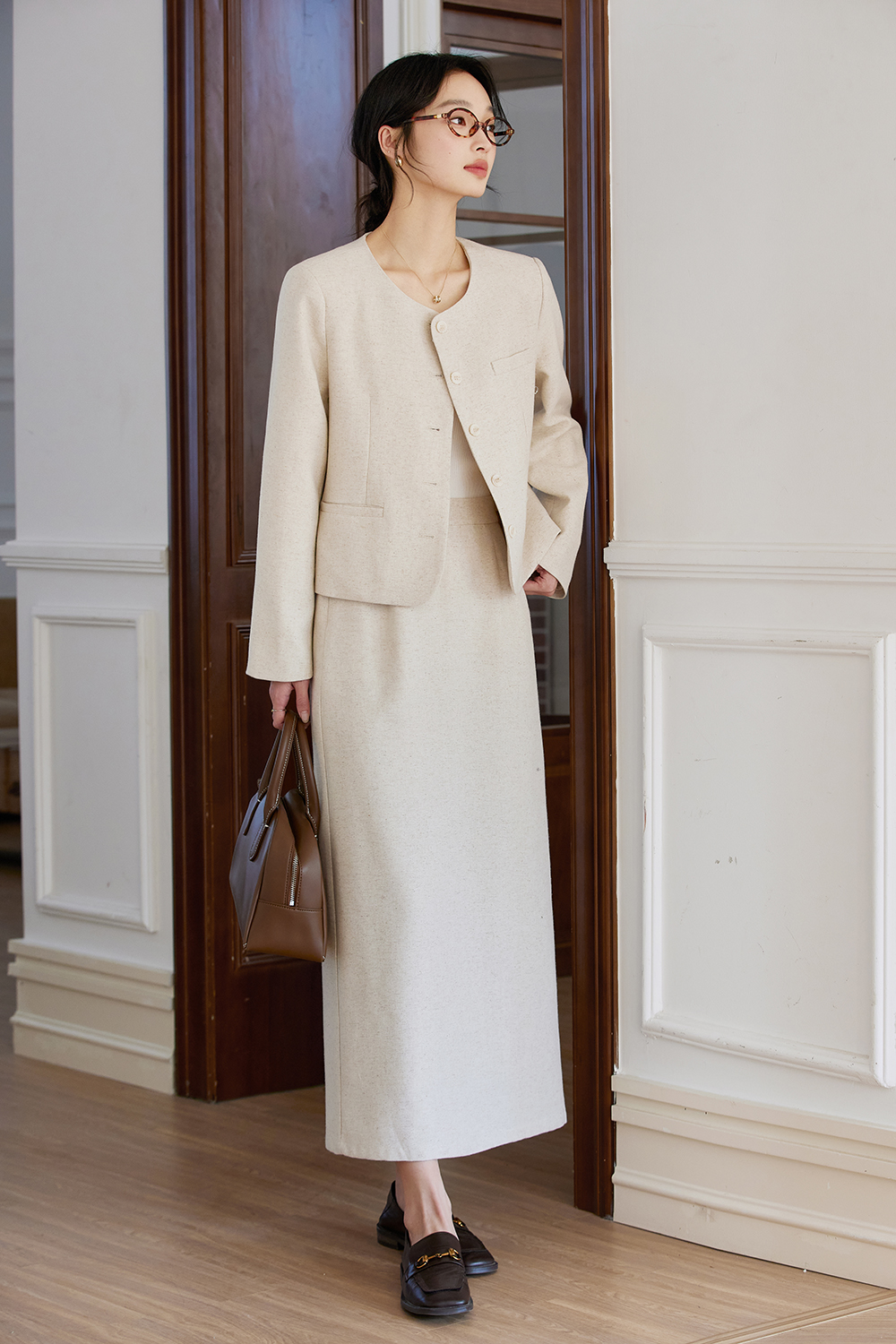 Linen Round-Neck Jacket & Skirt Set – Casual Elegance-VIMLYSTORE