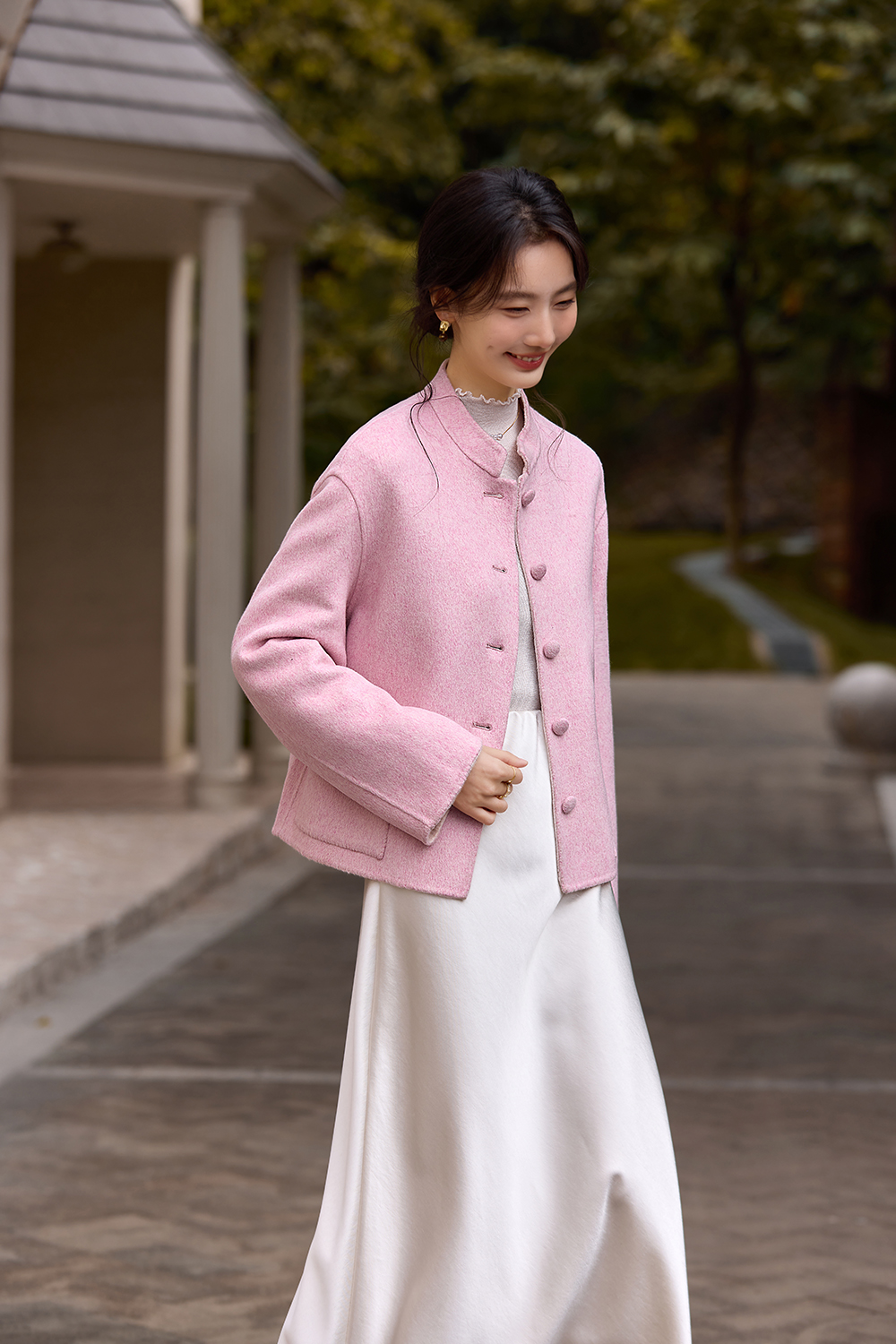 Pink Modern Chinese Style Woolen Coat