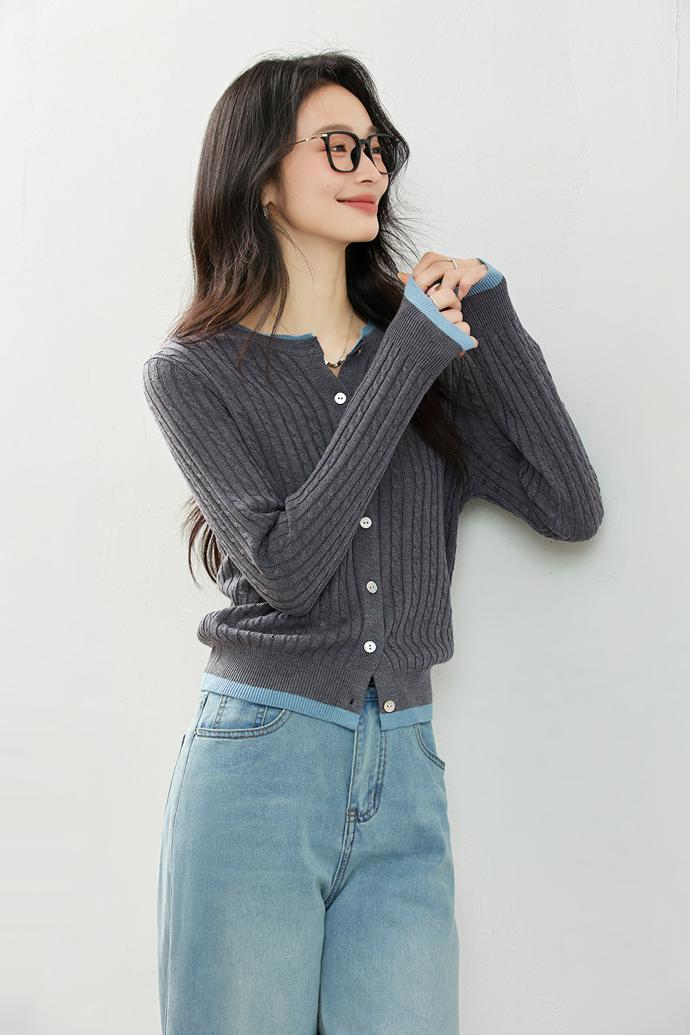 Color-Block Ribbed Knit Cardigan with Faux Underlayer-VIMLYSTORE