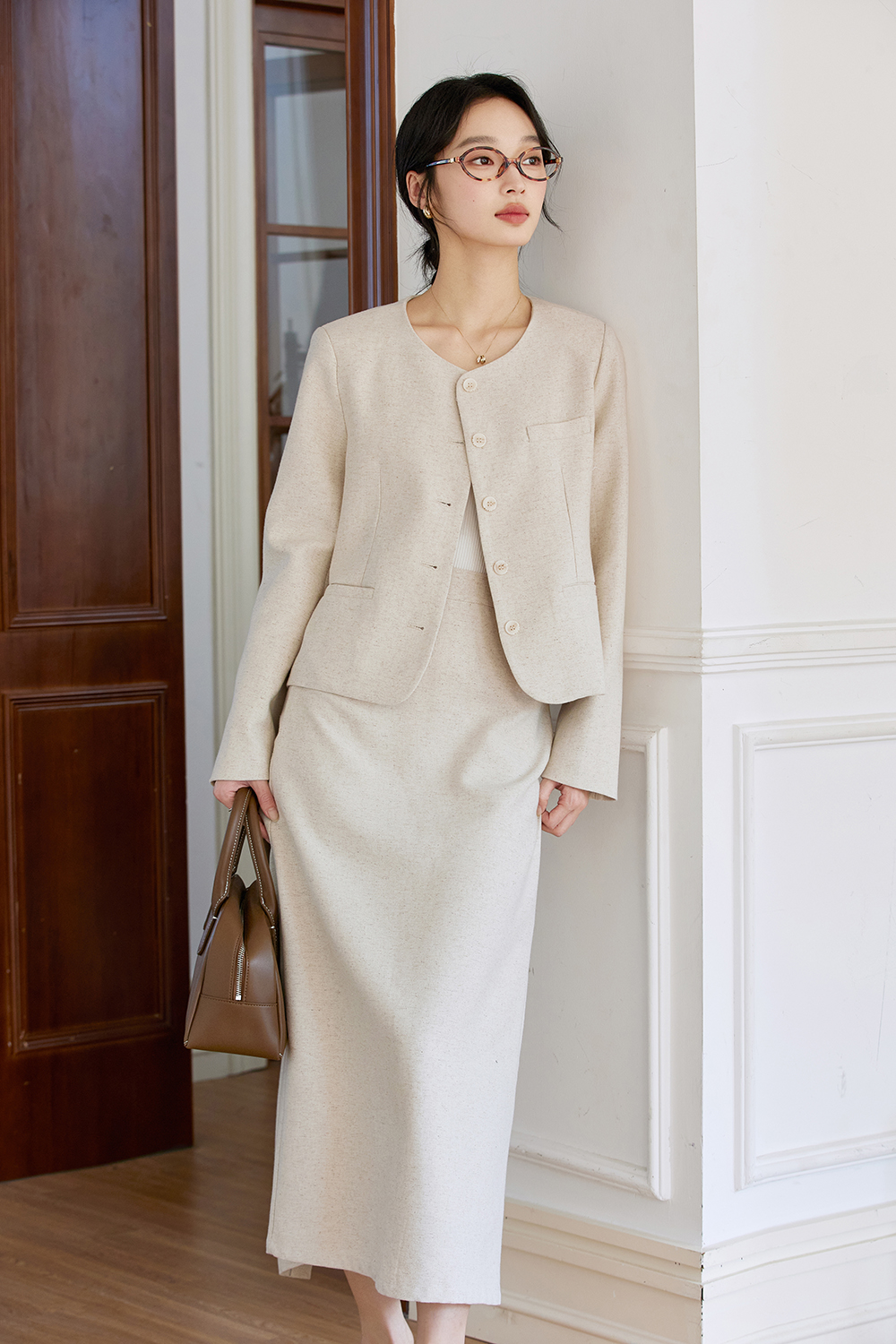 Linen Round-Neck Jacket & Skirt Set – Casual Elegance-VIMLYSTORE