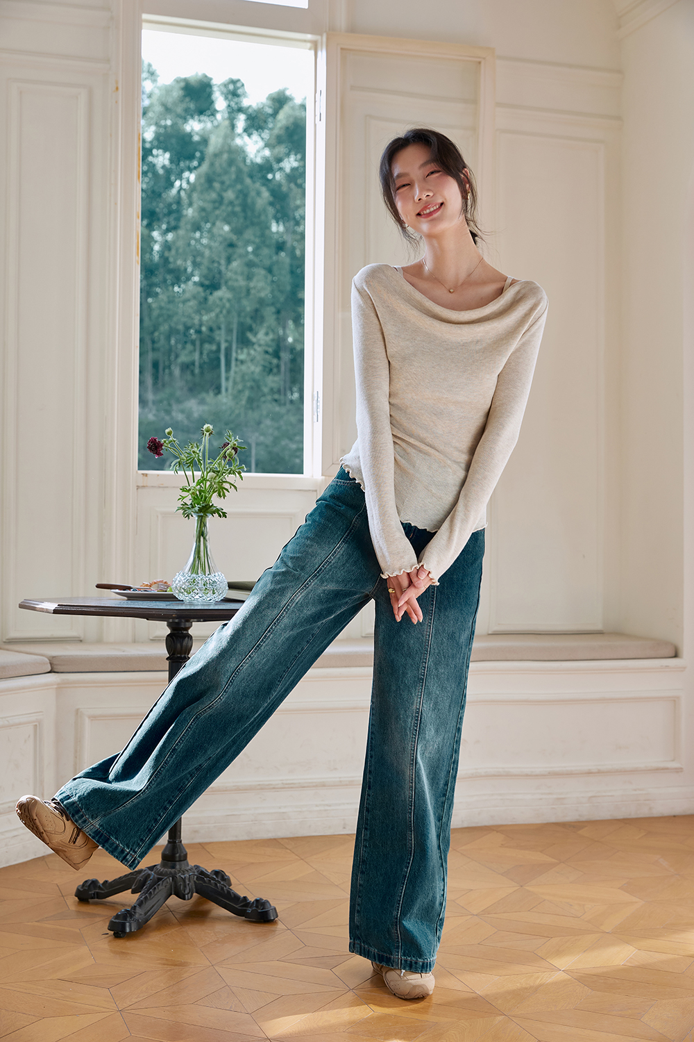 Boat-Neck Wool Knit Sweater with Statement Sleeves-VIMLYSTORE