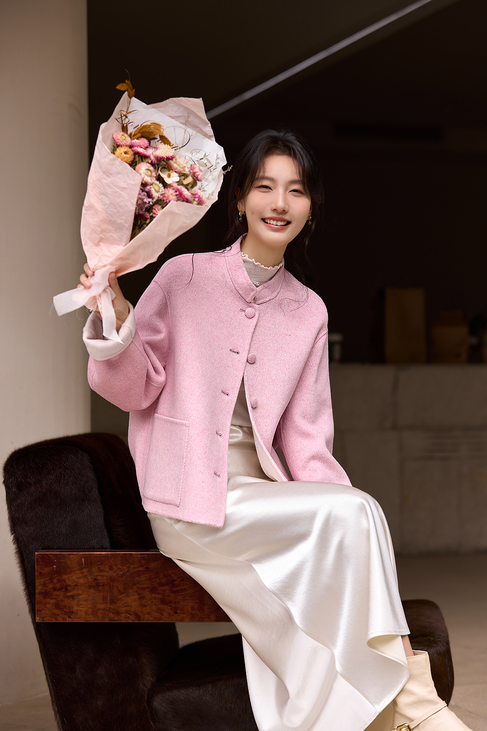 Pink Modern Chinese Style Woolen Coat