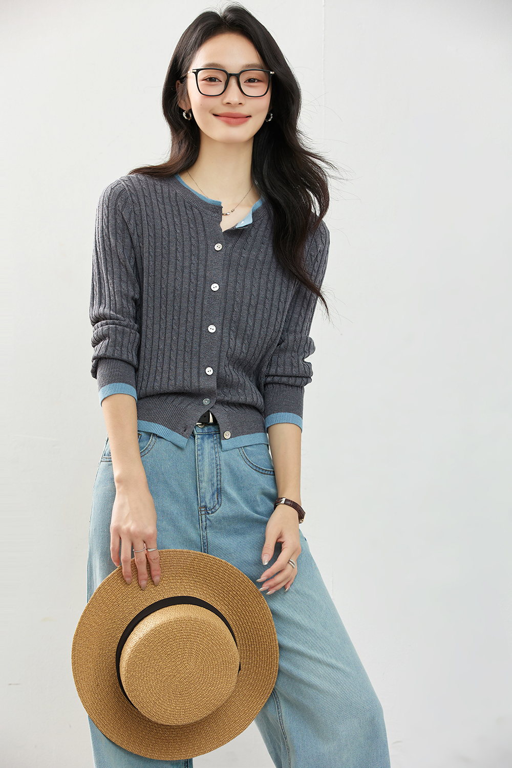 Color-Block Ribbed Knit Cardigan with Faux Underlayer-VIMLYSTORE