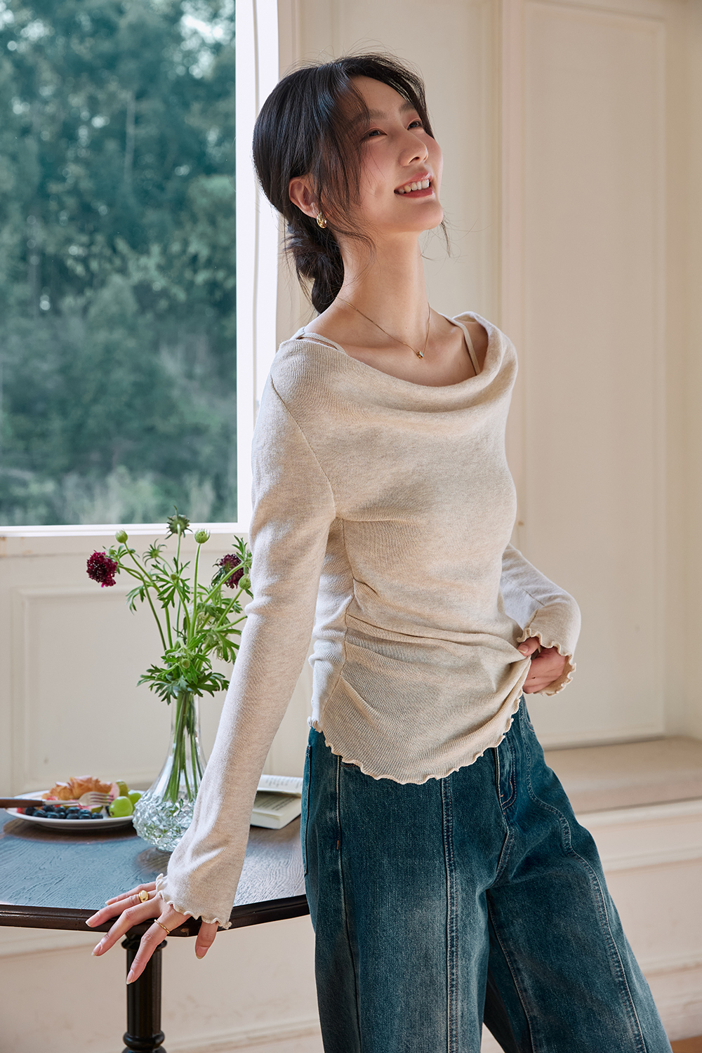 Boat-Neck Wool Knit Sweater with Statement Sleeves-VIMLYSTORE