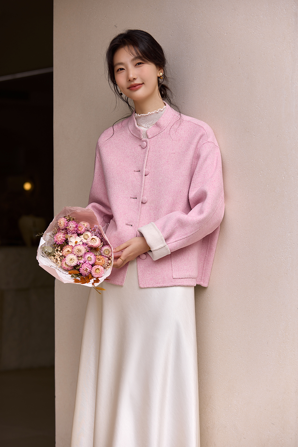 Pink Modern Chinese Style Woolen Coat