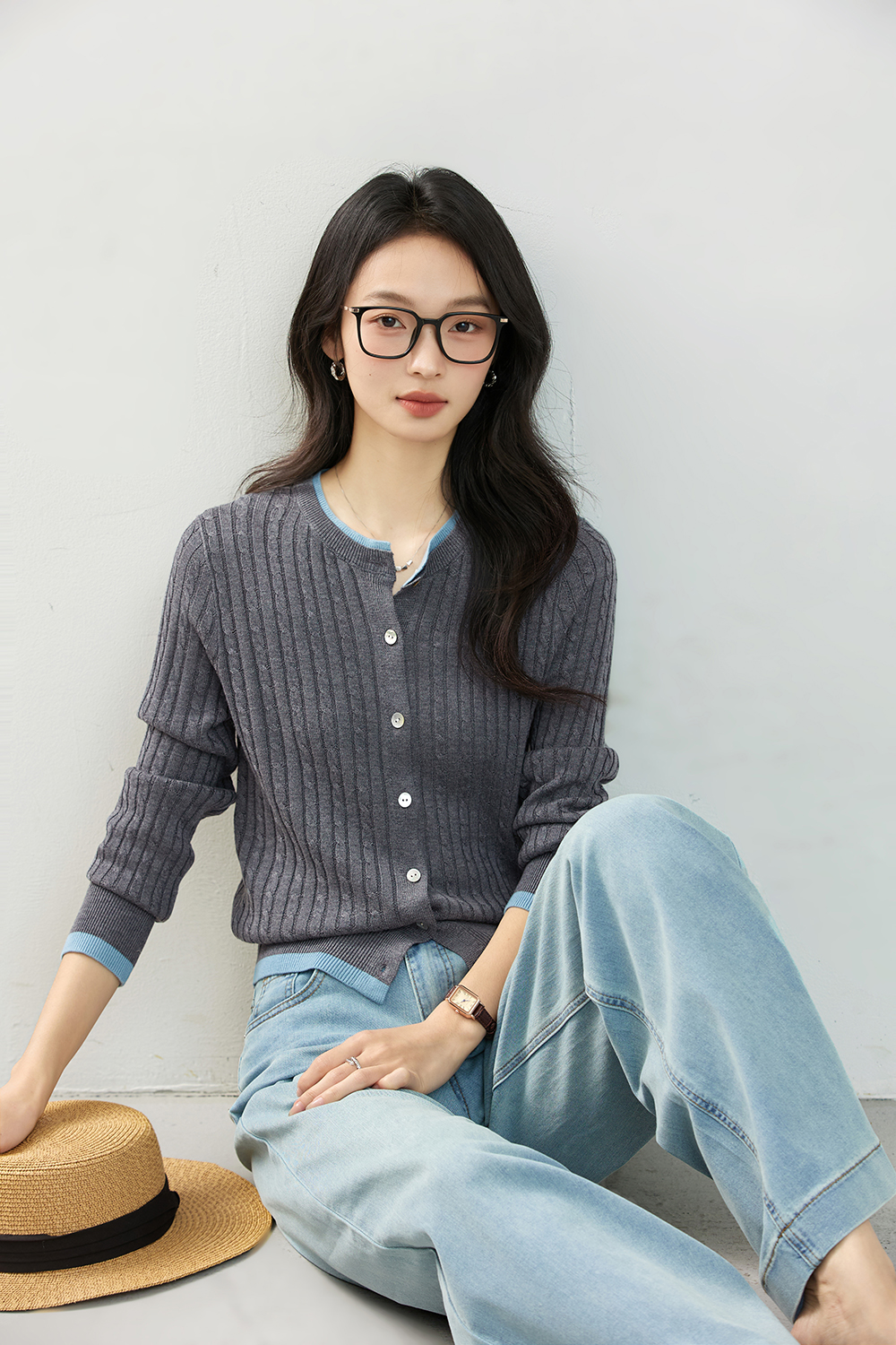 Color-Block Ribbed Knit Cardigan with Faux Underlayer-VIMLYSTORE