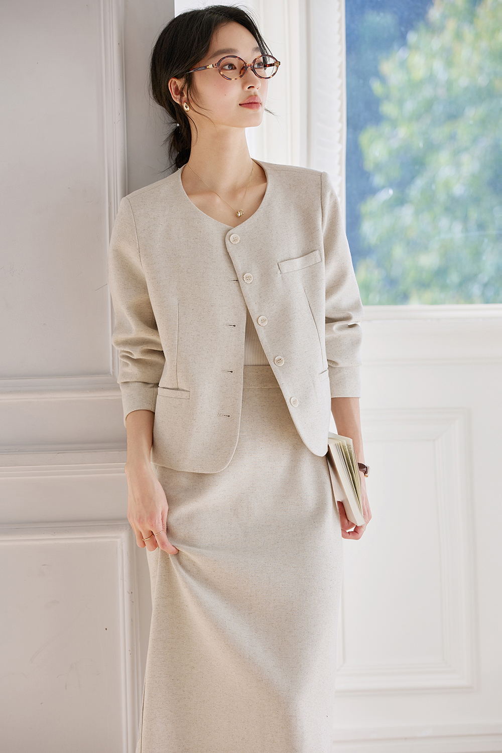 Linen Round-Neck Jacket & Skirt Set – Casual Elegance-VIMLYSTORE