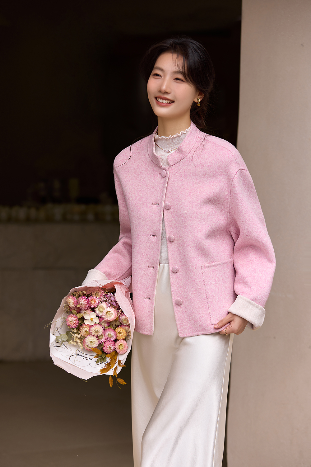 Pink Modern Chinese Style Woolen Coat