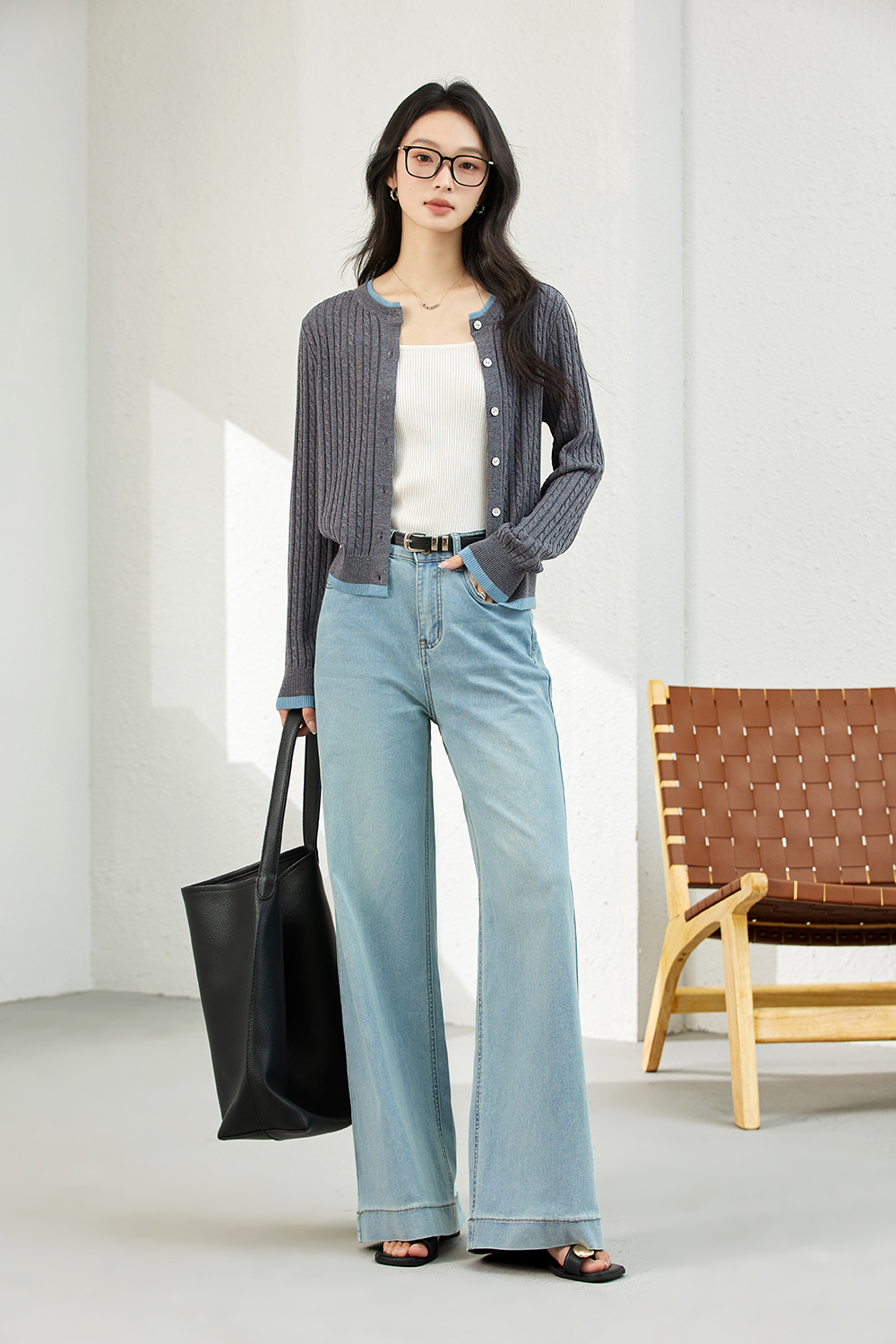 Color-Block Ribbed Knit Cardigan with Faux Underlayer-VIMLYSTORE