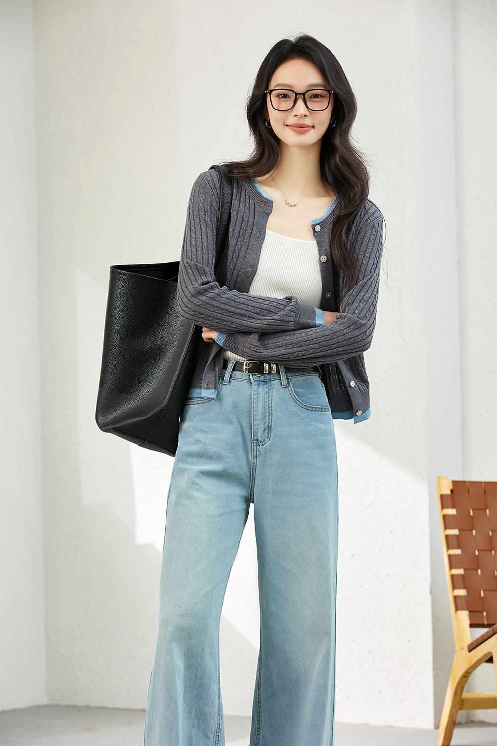 Color-Block Ribbed Knit Cardigan with Faux Underlayer-VIMLYSTORE