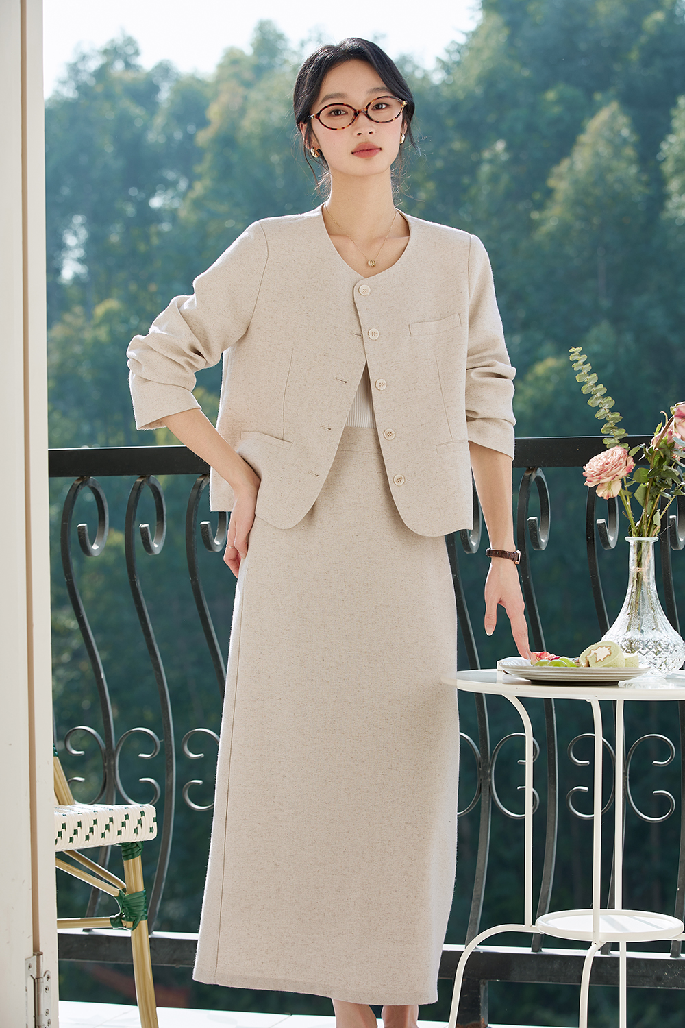 Linen Round-Neck Jacket & Skirt Set – Casual Elegance-VIMLYSTORE