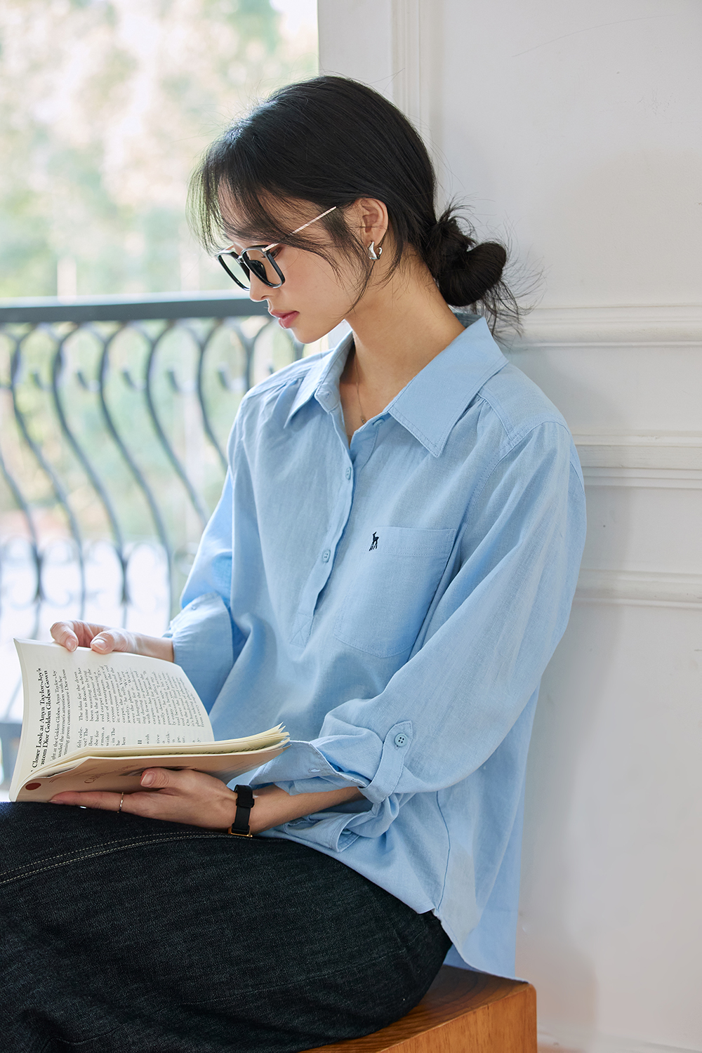 Deer-Embroidered Oversized Shirt for Stylish Commuting-VIMLYSTORE