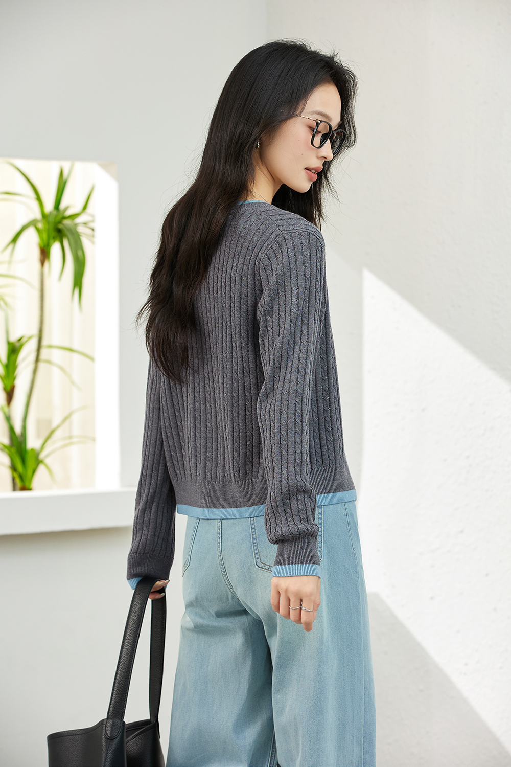 Color-Block Ribbed Knit Cardigan with Faux Underlayer-VIMLYSTORE