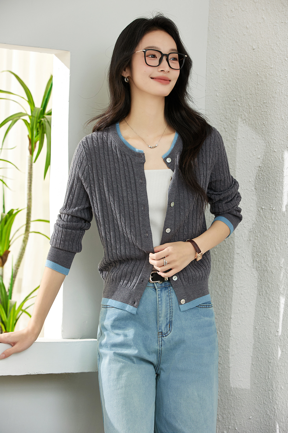 Color-Block Ribbed Knit Cardigan with Faux Underlayer-VIMLYSTORE