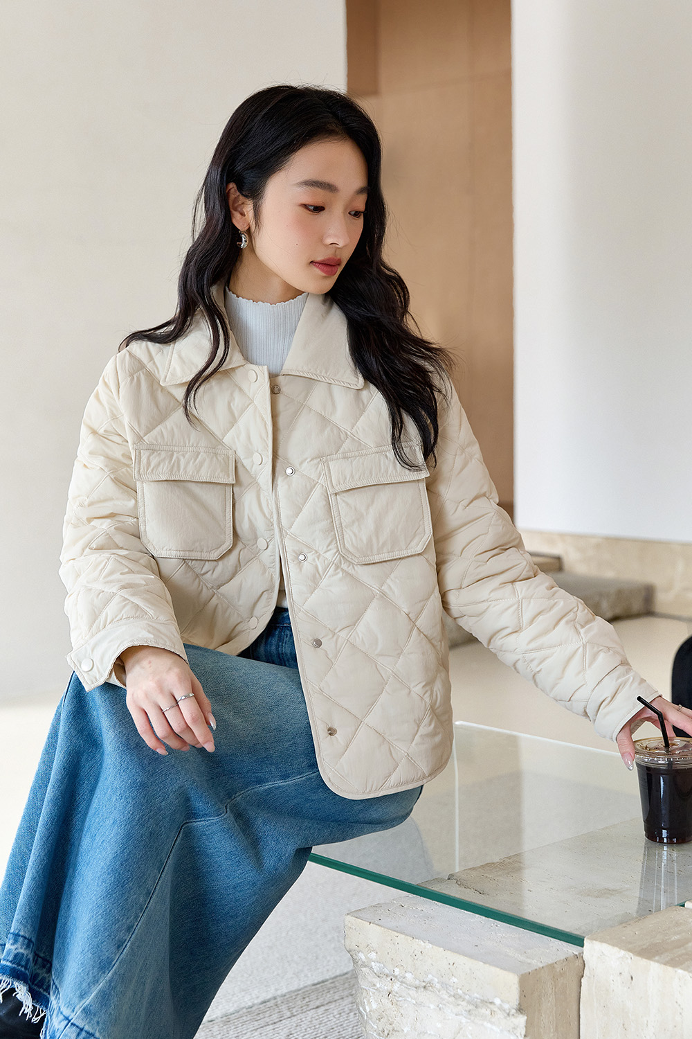 Lapel Diamond Short Cotton Coat-VIMLYSTORE