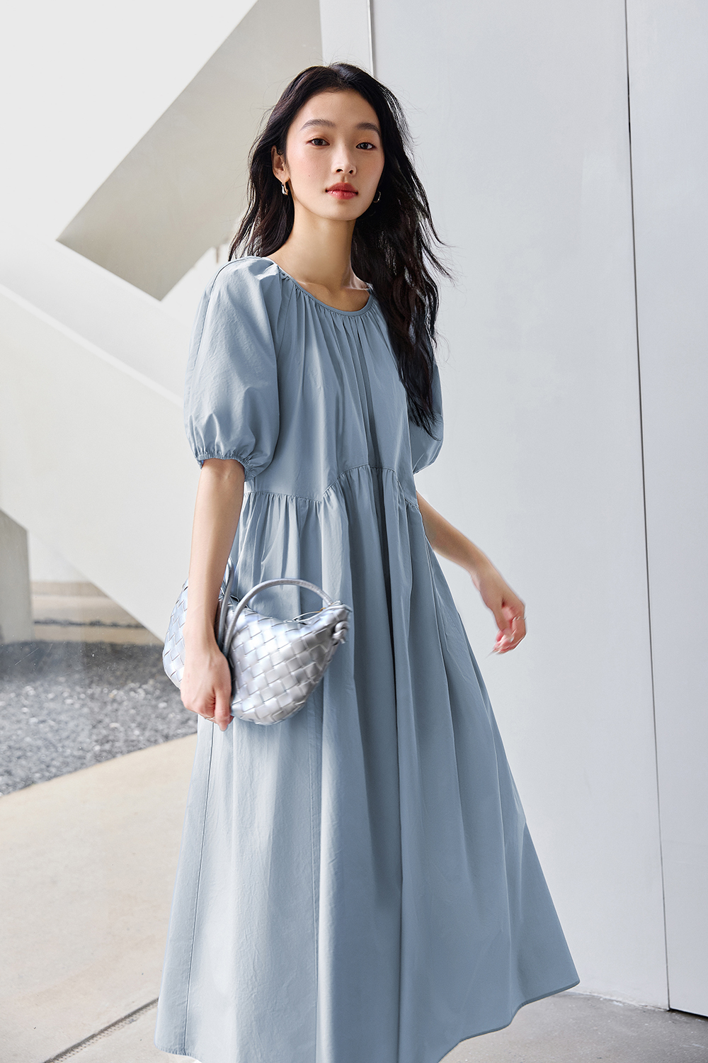 Minimalist Cotton Puff-Sleeve Relaxed Dress-VIMLYSTORE