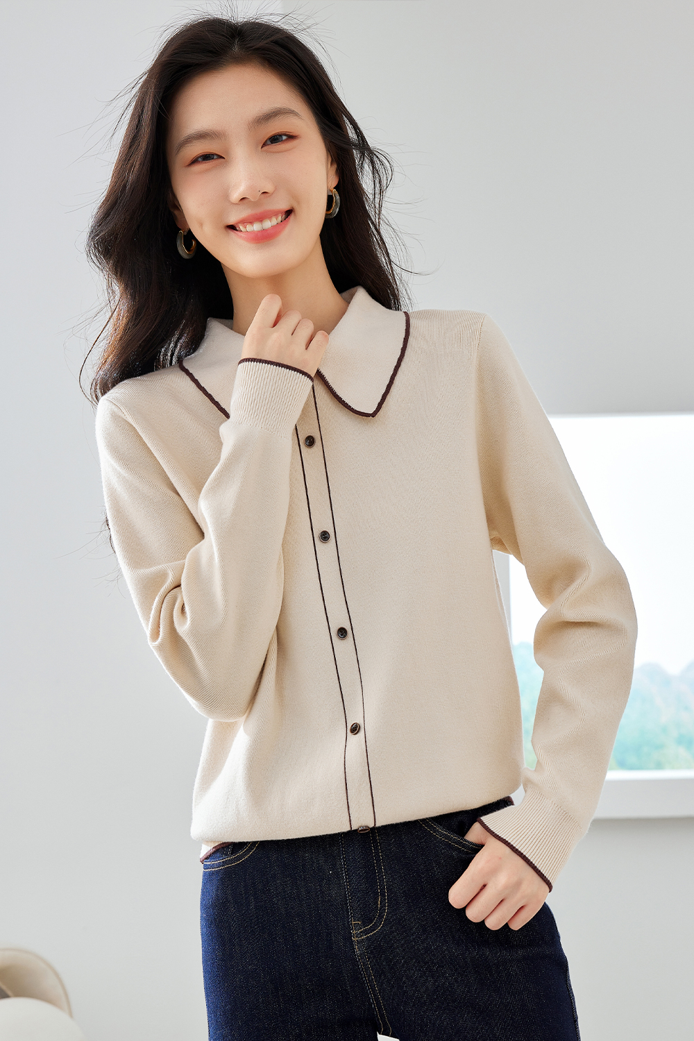 Color-Blocked Lapel Knit Sweater