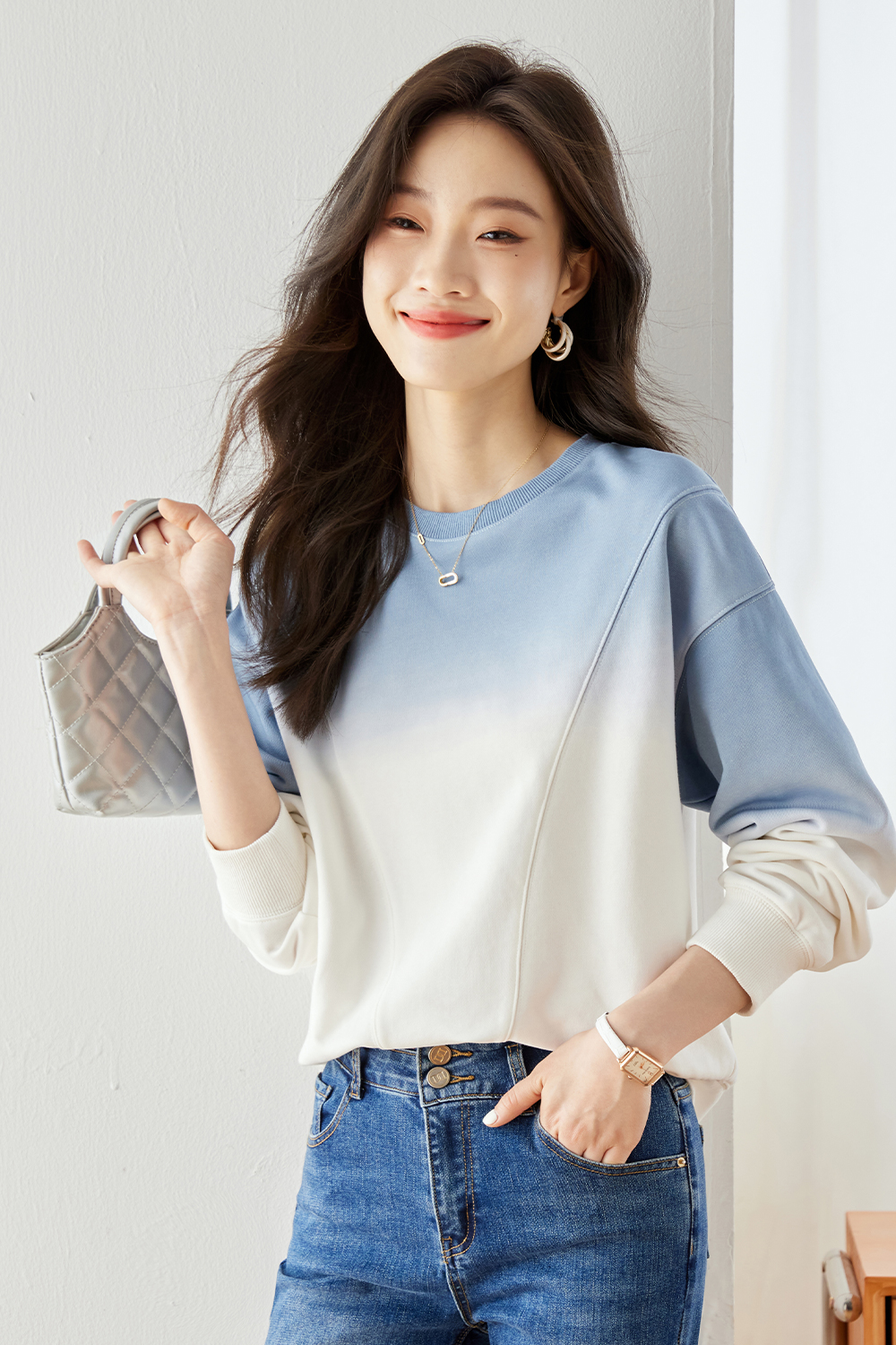 Gradient Round Neck Hoodie-VIMLYSTORE