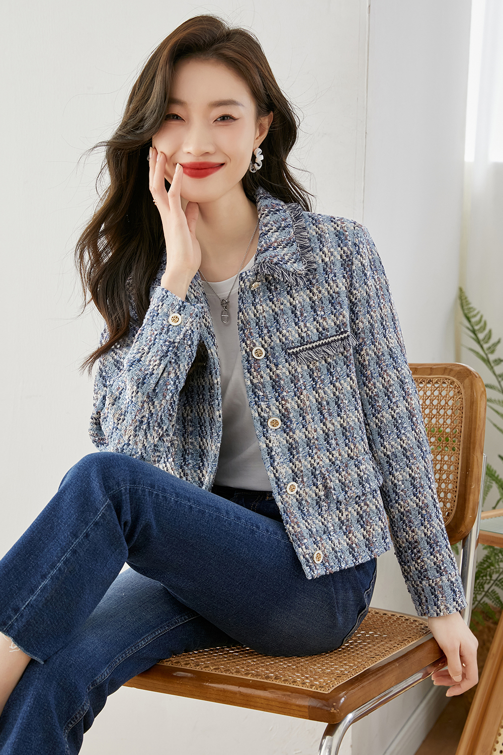 Lapel Blended Checkered Jacket-VIMLYSTORE