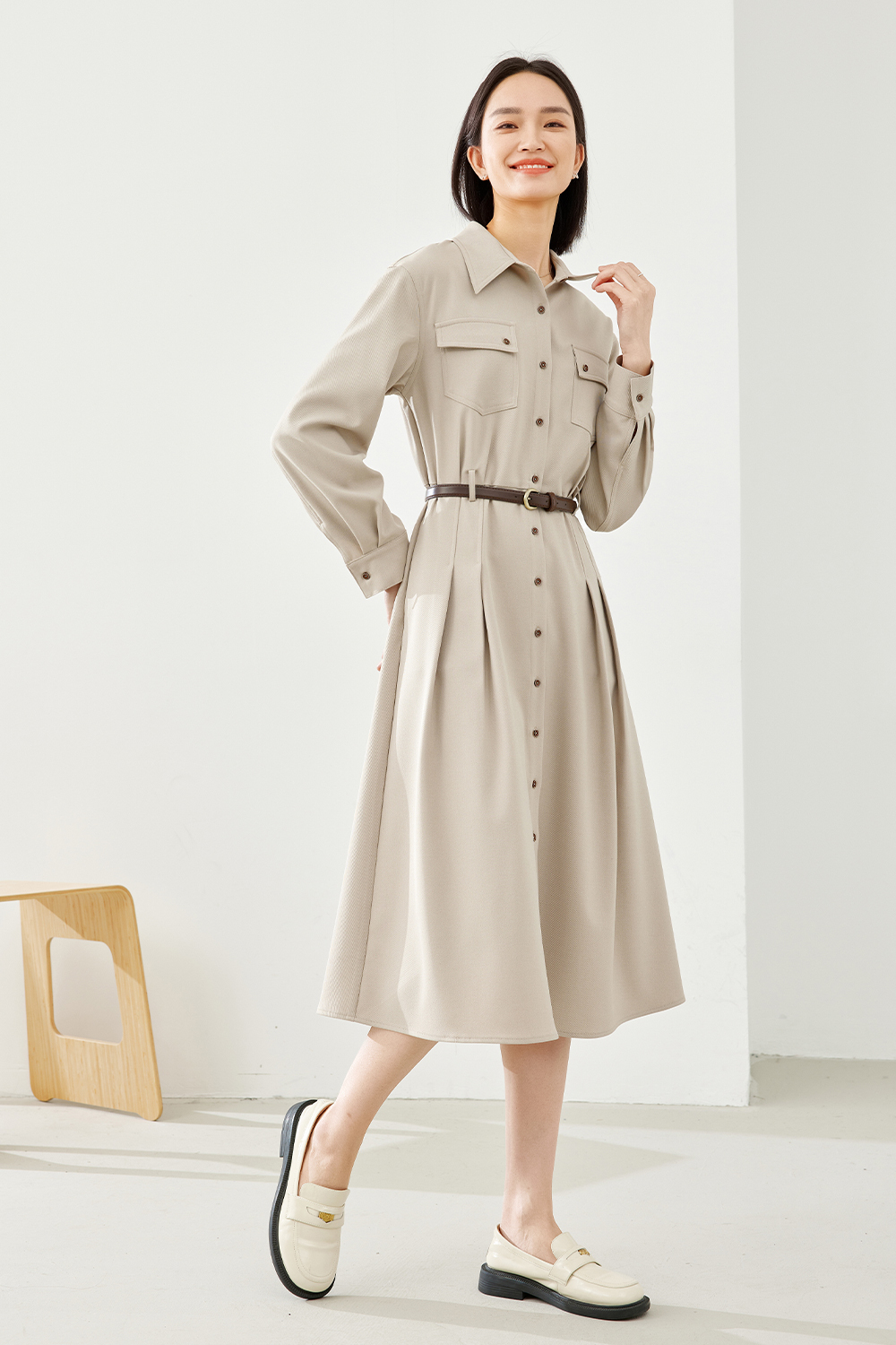 Turn-down Collar Cinched Waist Dress