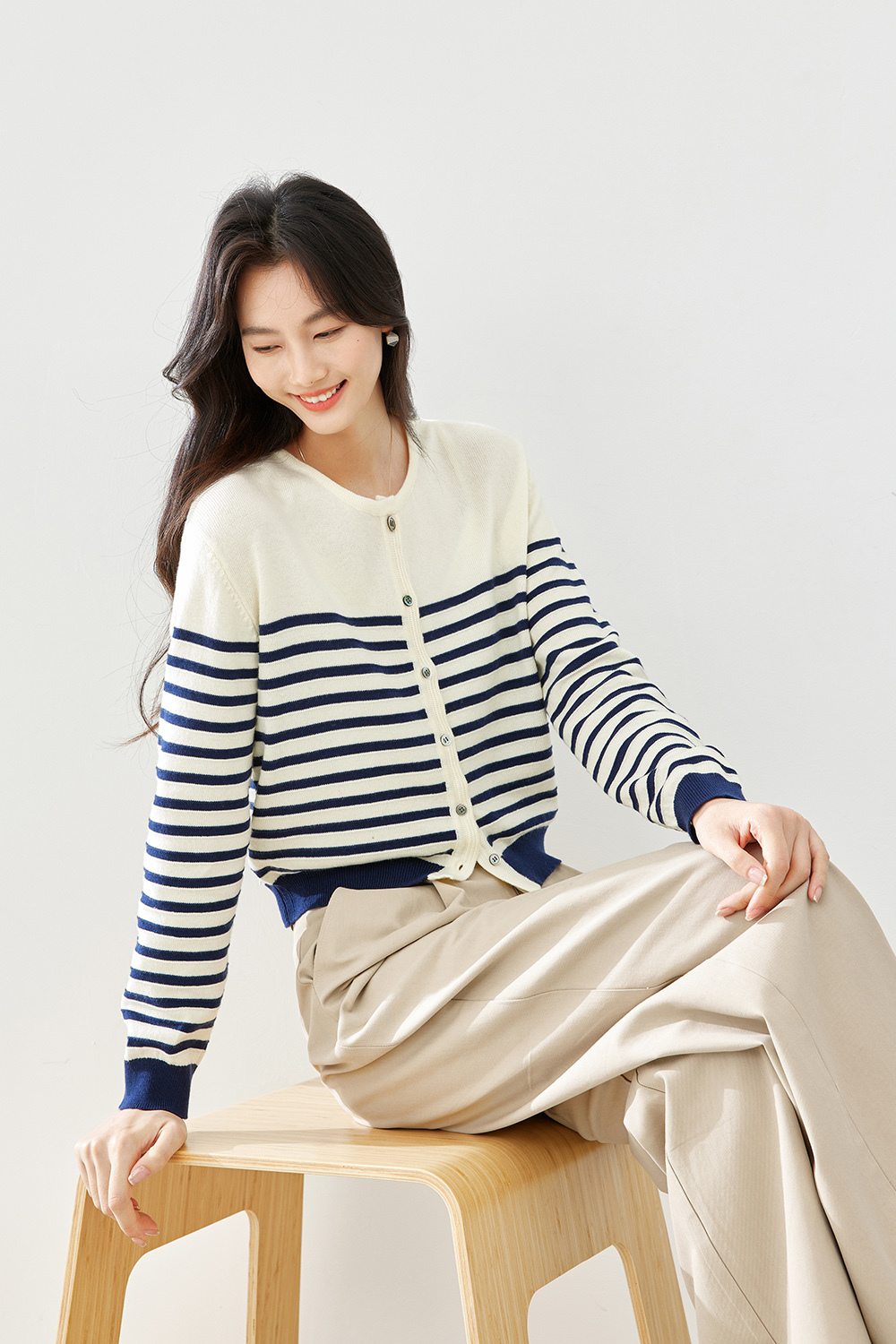Apricot Blue Striped Knit Cardigan