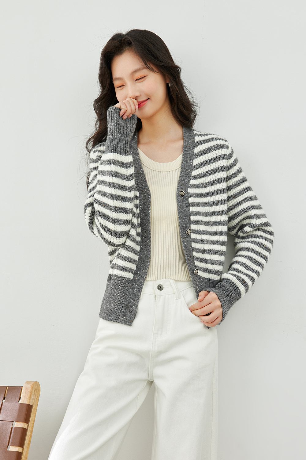 V-neck striped knitted cardigan