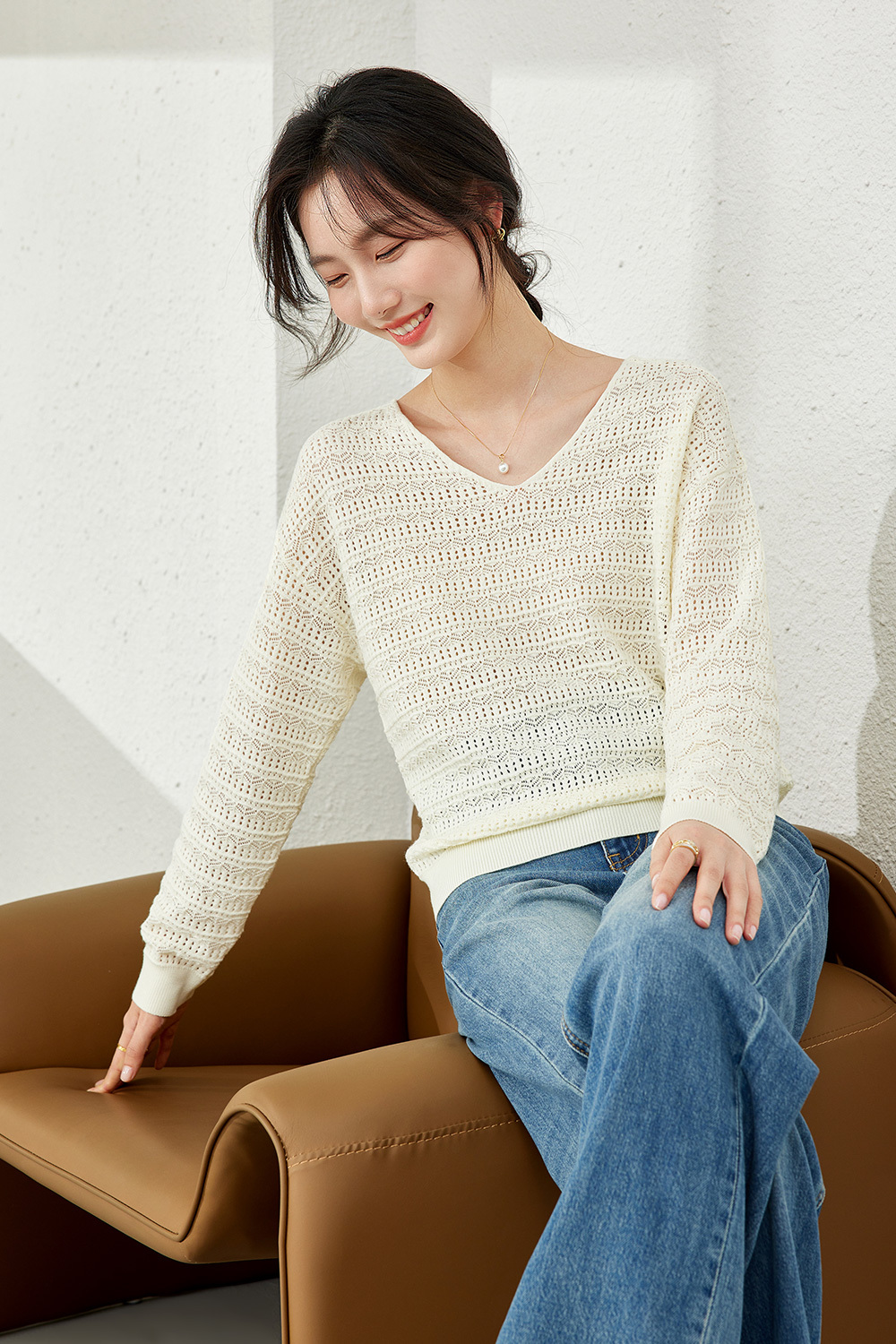 V-neck hollow sweater