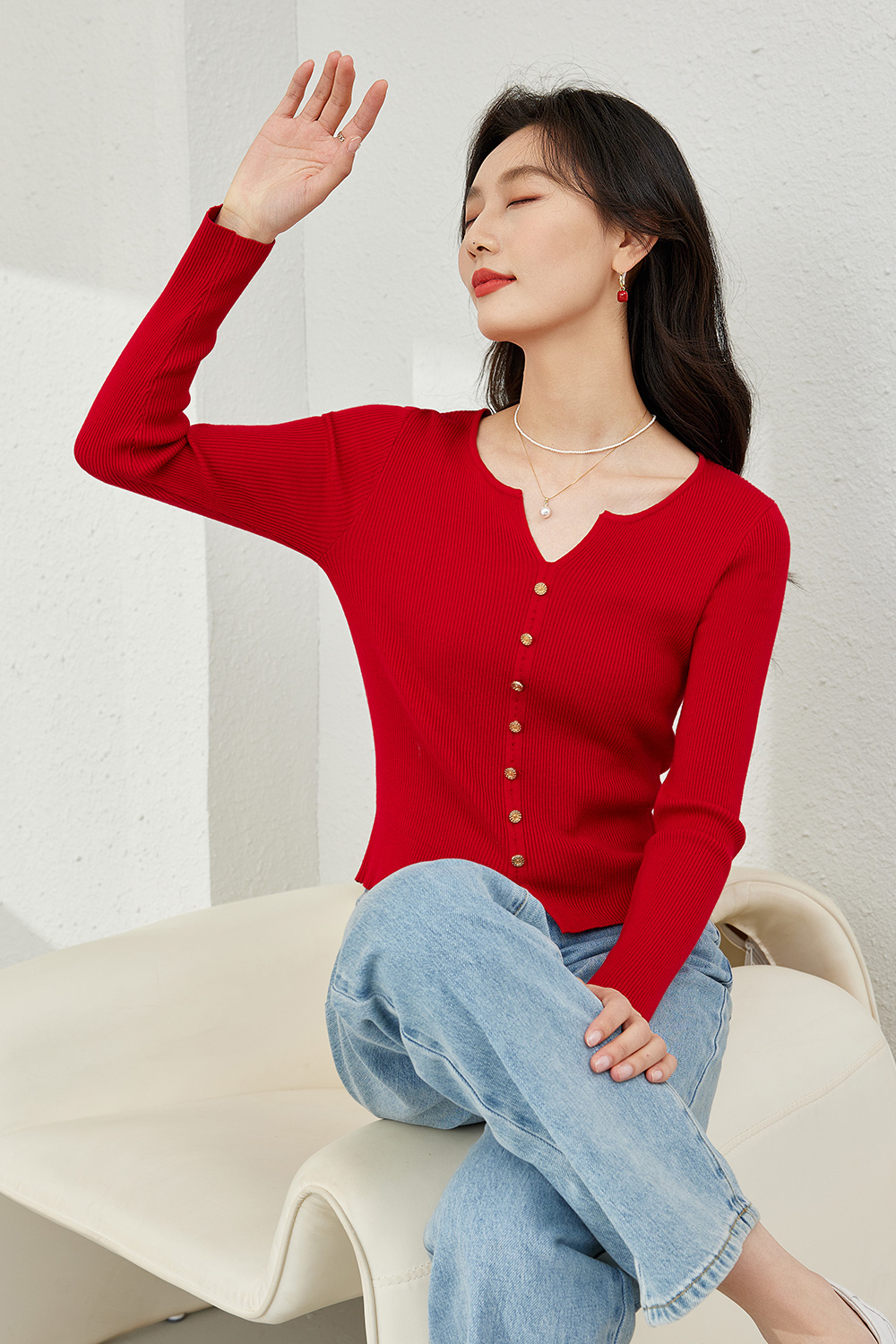 Thin V-neck knit Sweater-VIMLYSTORE