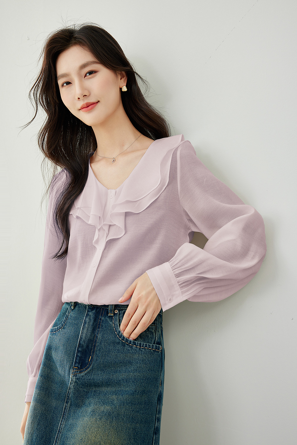 Ruffle Collar Solid Color Chiffon Shirt-VIMLYSTORE