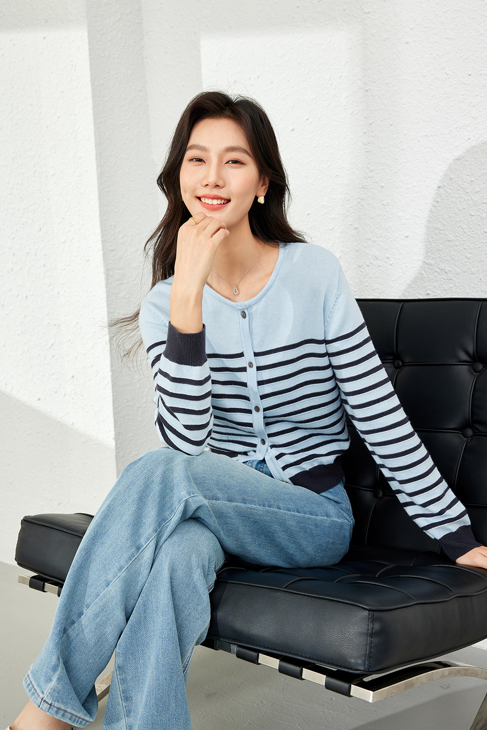 Apricot Blue Striped Knit Cardigan-VIMLYSTORE