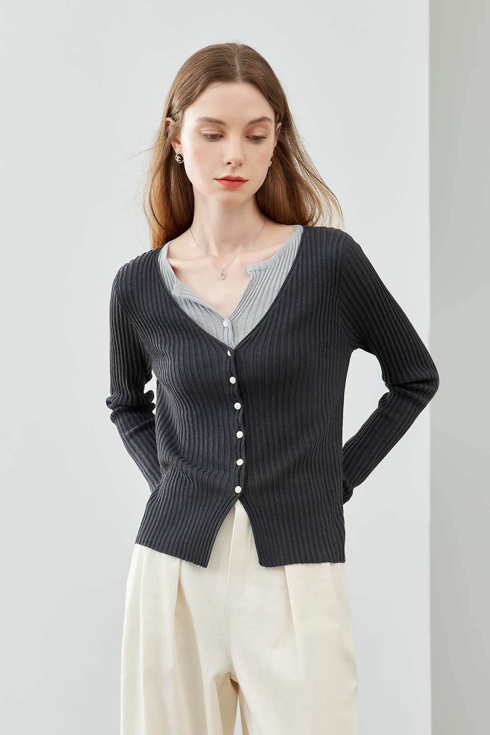 Collar Patchwork with Contrast Knit Cardigan-VIMLYSTORE