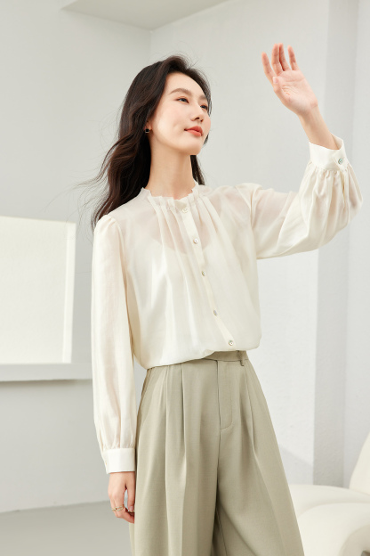Round Collar Bud Tencel Shirt