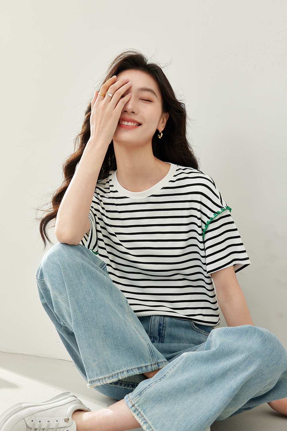 Contrast Color Floral Border Striped T-Shirt-VIMLYSTORE