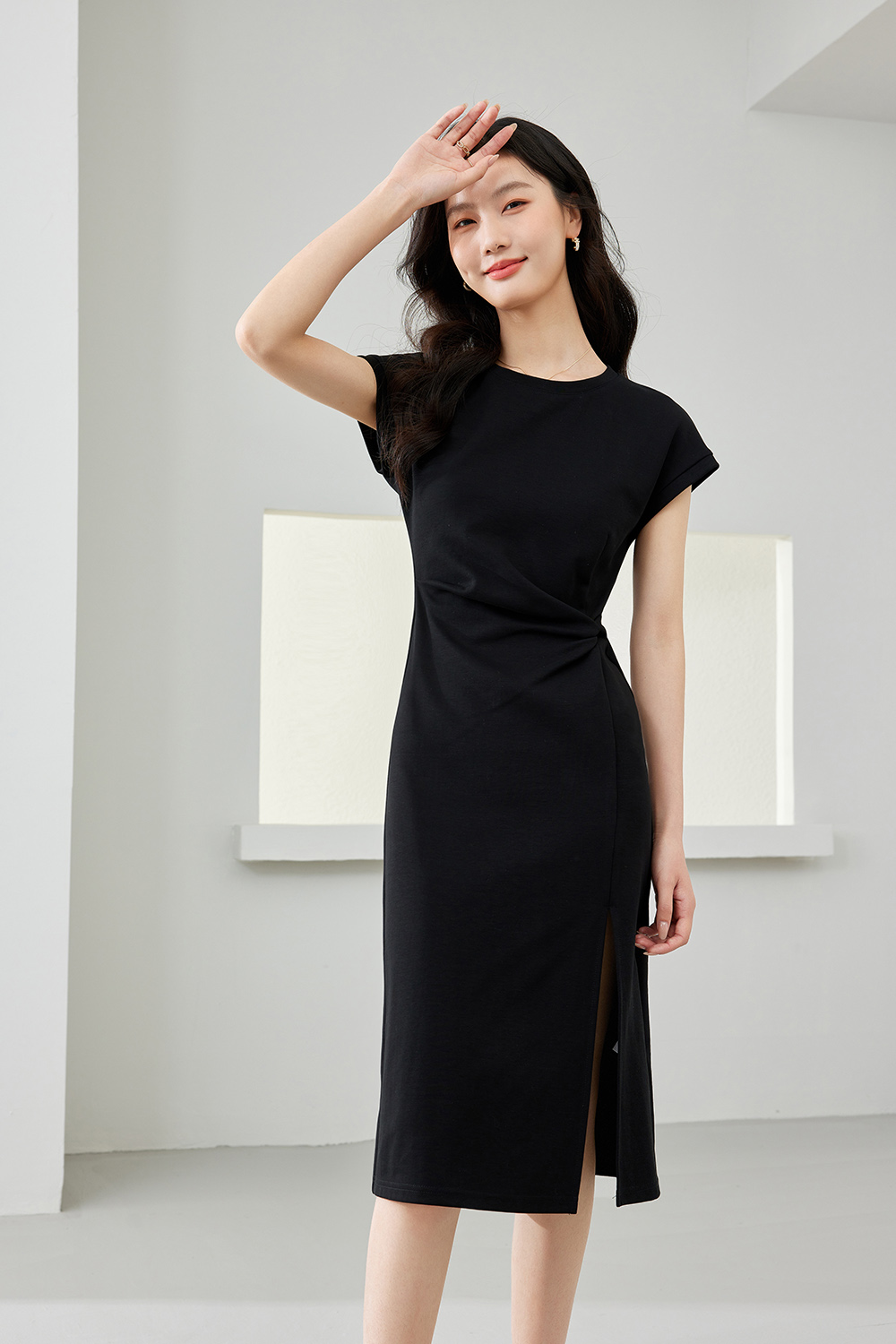 Pleated Cinched Waist Dress