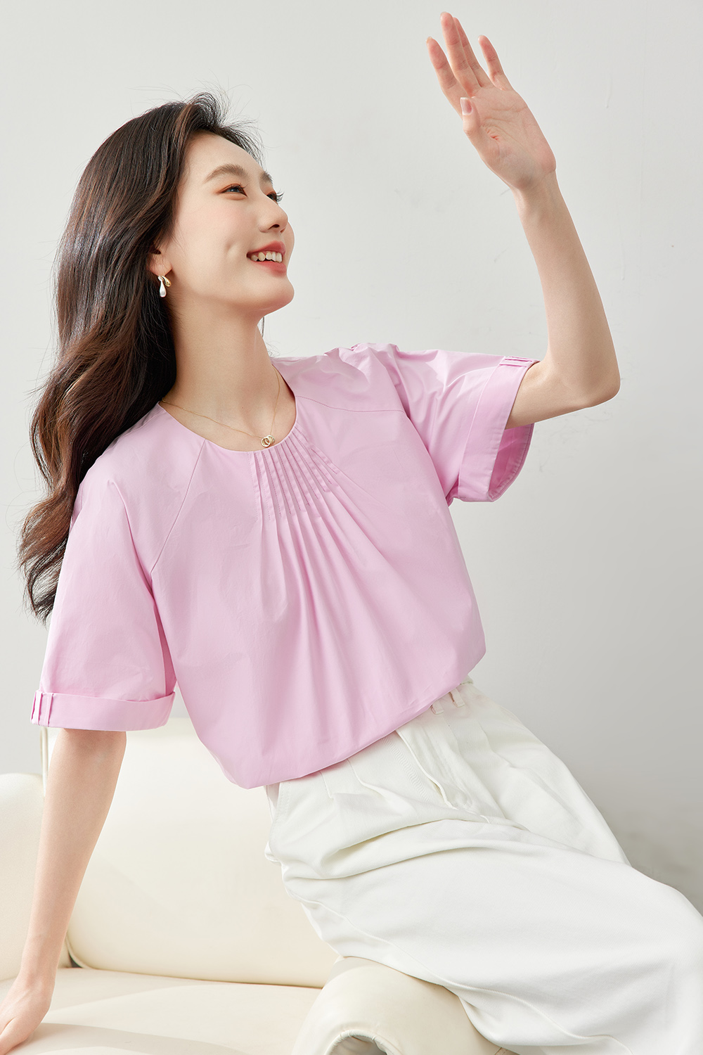 Pleated Decoration Pure Cotton Shirt-VIMLYSTORE