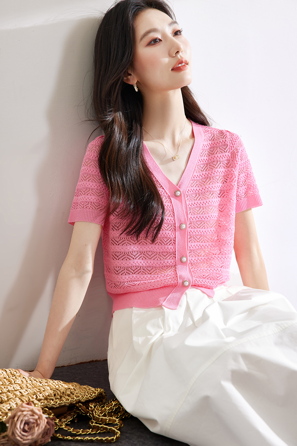 （暂无定价）Hollow Striped Knitted Cardigan