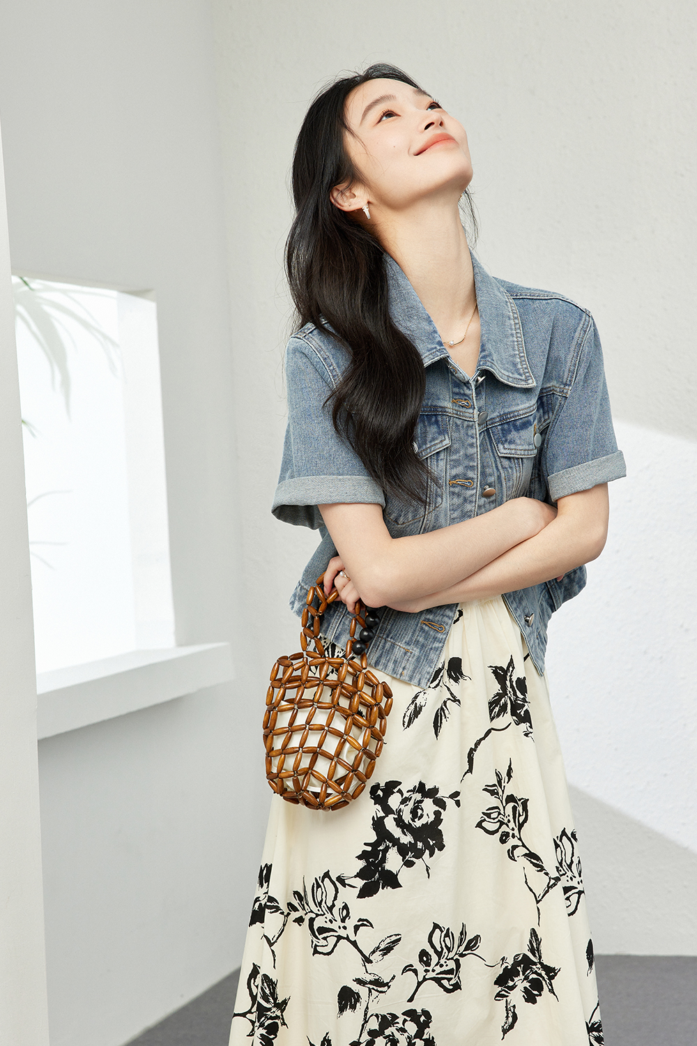 Denim Short Jacket With Fold-Down Sleeves