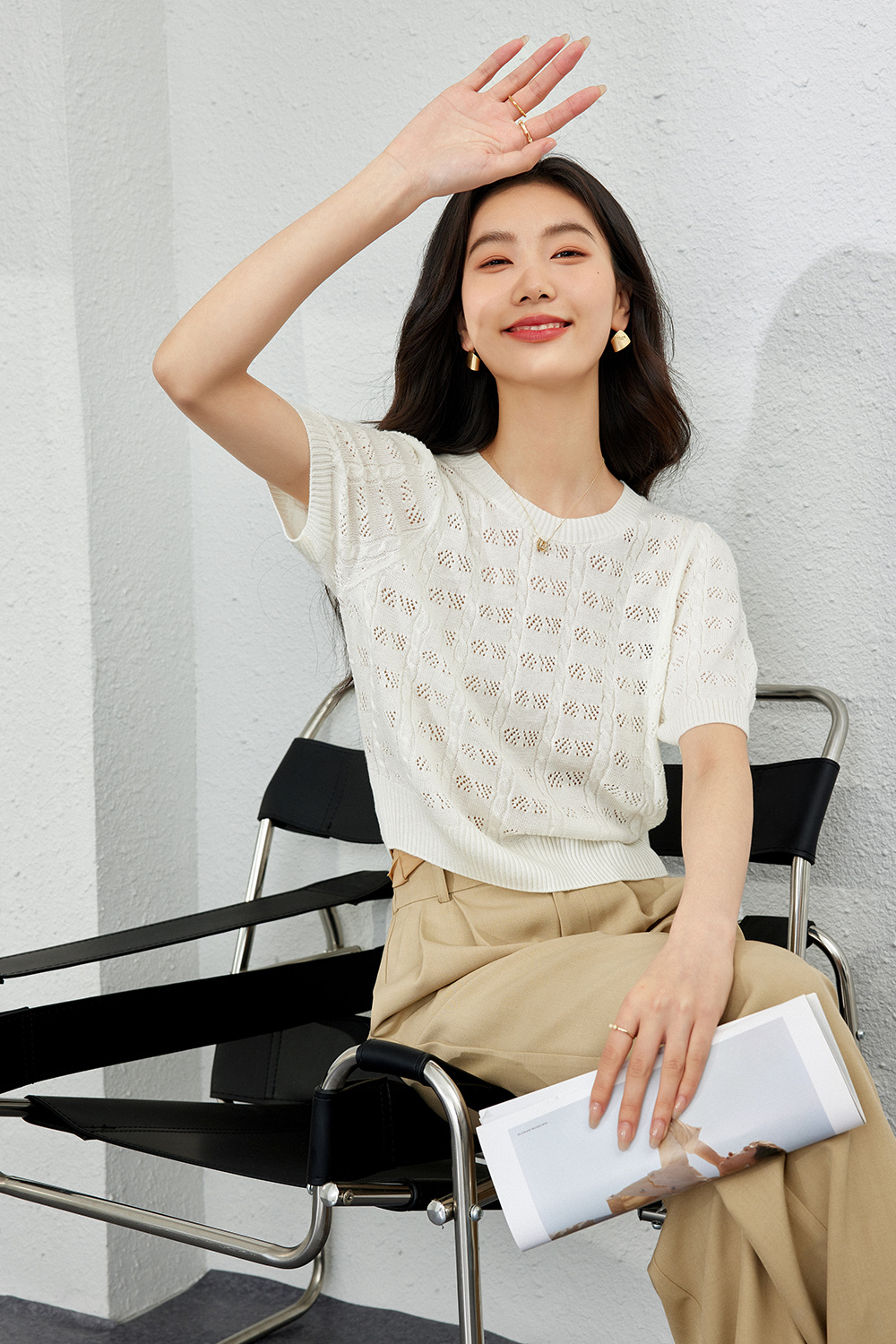 French Hollow Solid Color Knit Sweater